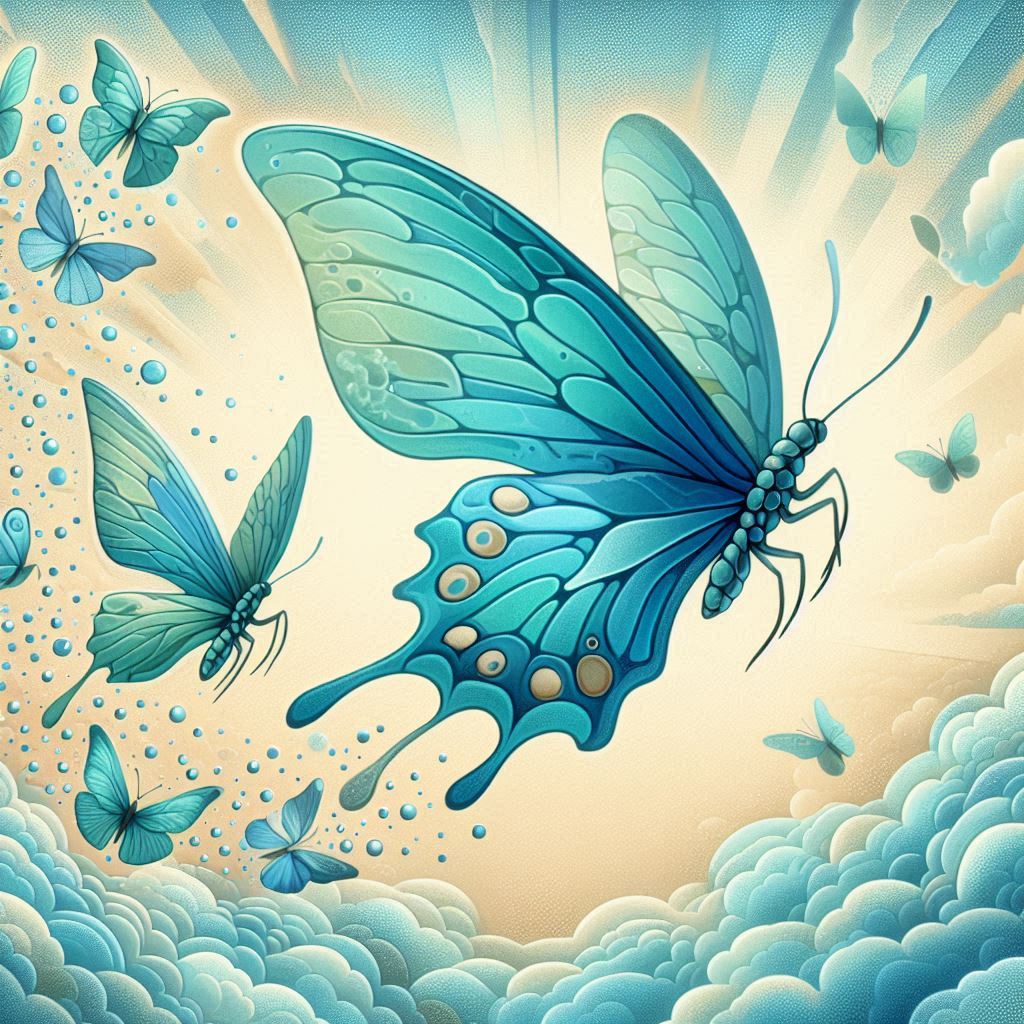Un papillon bleu avec des d'autres papillons dans les nuages