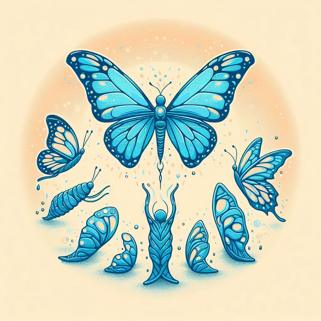 Un papillon bleu avec des chrysalides