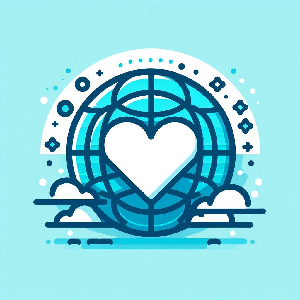 un coeur avec un cercle avec un globe et des nuages représentant l'amour et la bienveillance